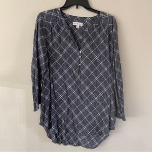 Kim Rogers Women’s Blouse Henley V Neck Gray/White Tunic Top Size LARGE